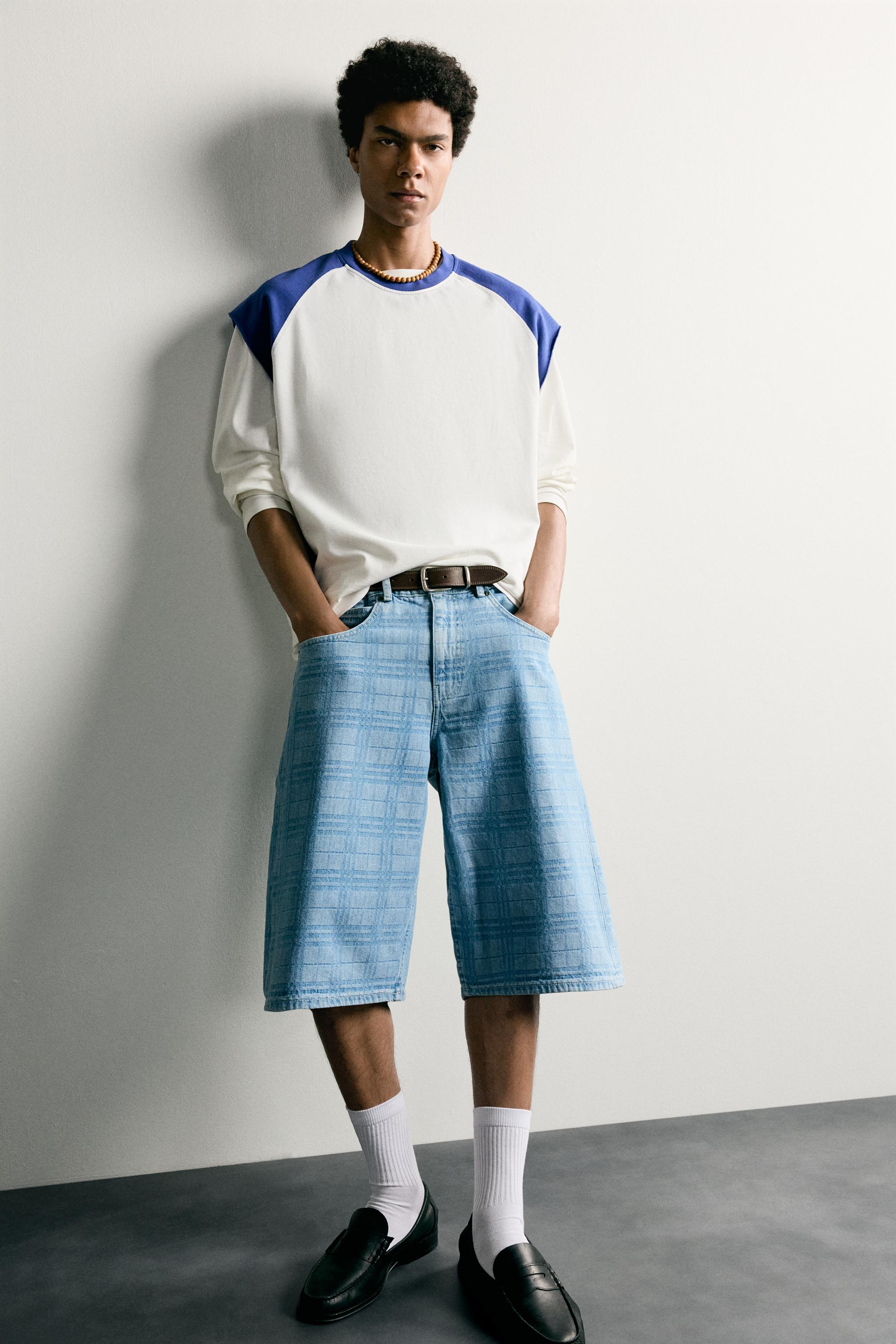 PRINTED WASHED DENIM JORTS